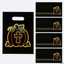 Budget 👍 7" x 9 1/2" Bulk Neon Christian Pumpkin Goody Bags - 50 Pc. 🥰